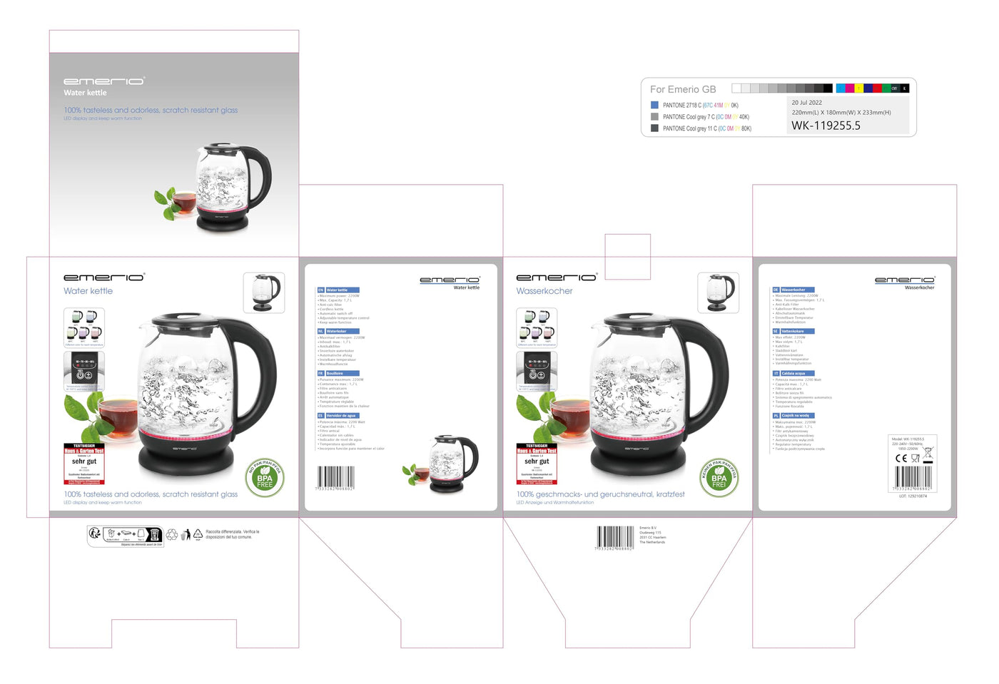 Emerio WK-119255 TESTSIEGER Haus & Garten Test 02/2019, Glas Wasserkocher mit Temperaturwahl (60°C/70°C/80°C/90°C/100°C), BPA-frei, Trockengehschutz, Auto-Off, 2200 Watt, Edelstahl, 1.7 liters