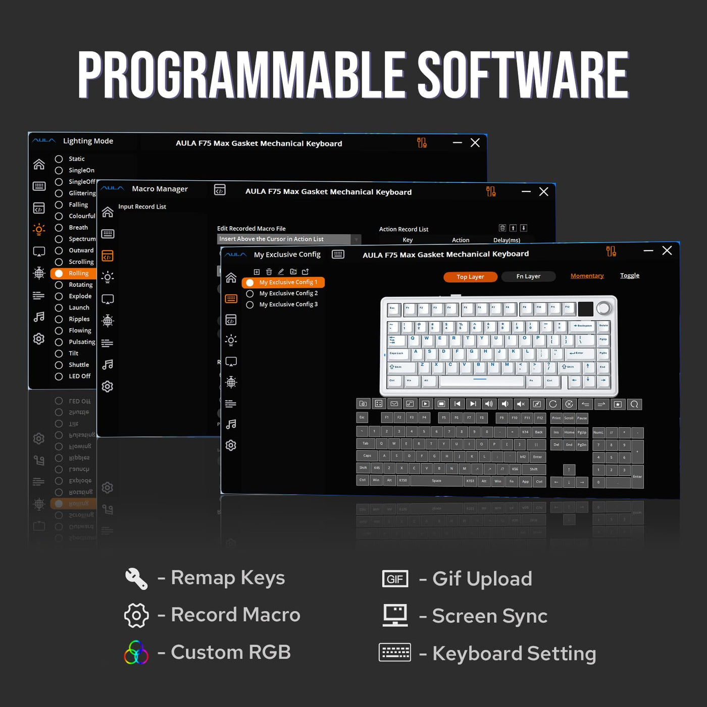 EPOMAKER X Aula F75 MAX Tri-Mode-Gaming-Tastatur, kabellos, TFT-Bildschirm, Drehknopf, Hot-Swap-fähig, 2,4 GHz/Typ C/BT5.0, cremige Dichtung, für PC/Mac/Büro/Gaming (Schwarz, Reaper Switch)