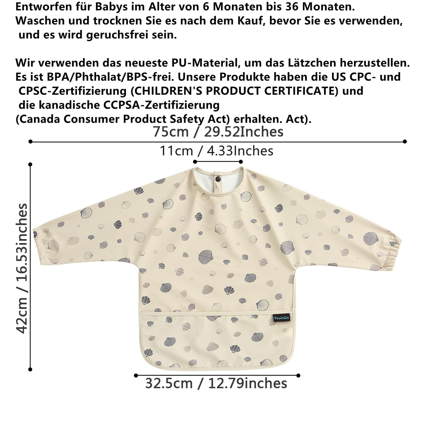 PewinGo Lätzchen zum Abstillen mit Langen Ärmeln & BLW, Weiches und Hautfreundliches Material, Lätzchen zum Stillen, Wasserdicht und Leicht zu Reinigen & Maschinenwaschbar, für Baby(Beige)