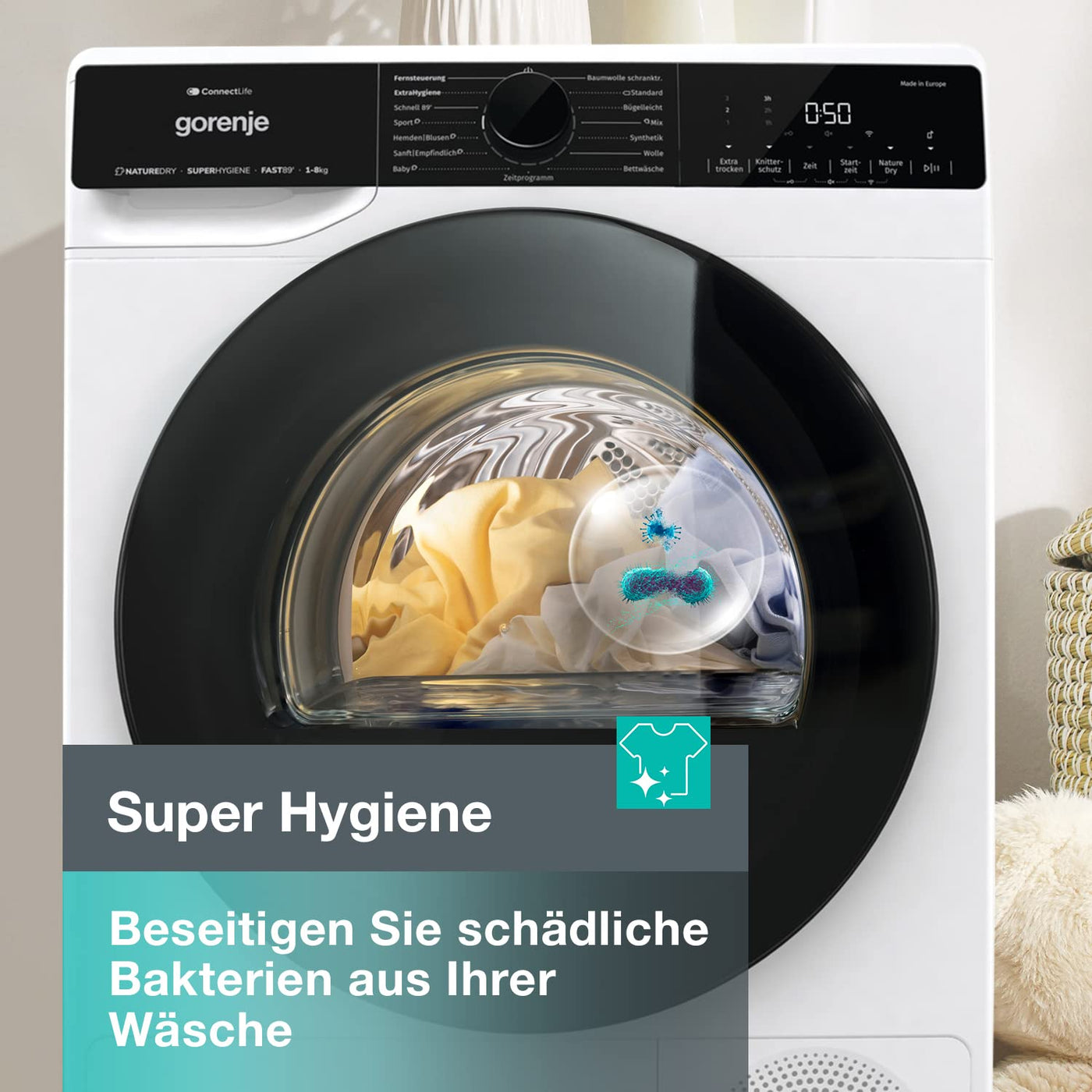 Gorenje DPNA93W Wärmepumpentrockner, 9 kg Kapazität, 15 Programme, ConnectLife WiFi, Auto Drain, Made in EU, Nature Dry, Twin Air, Sportprogramm, Schnellprogramm Energieklasse A+++