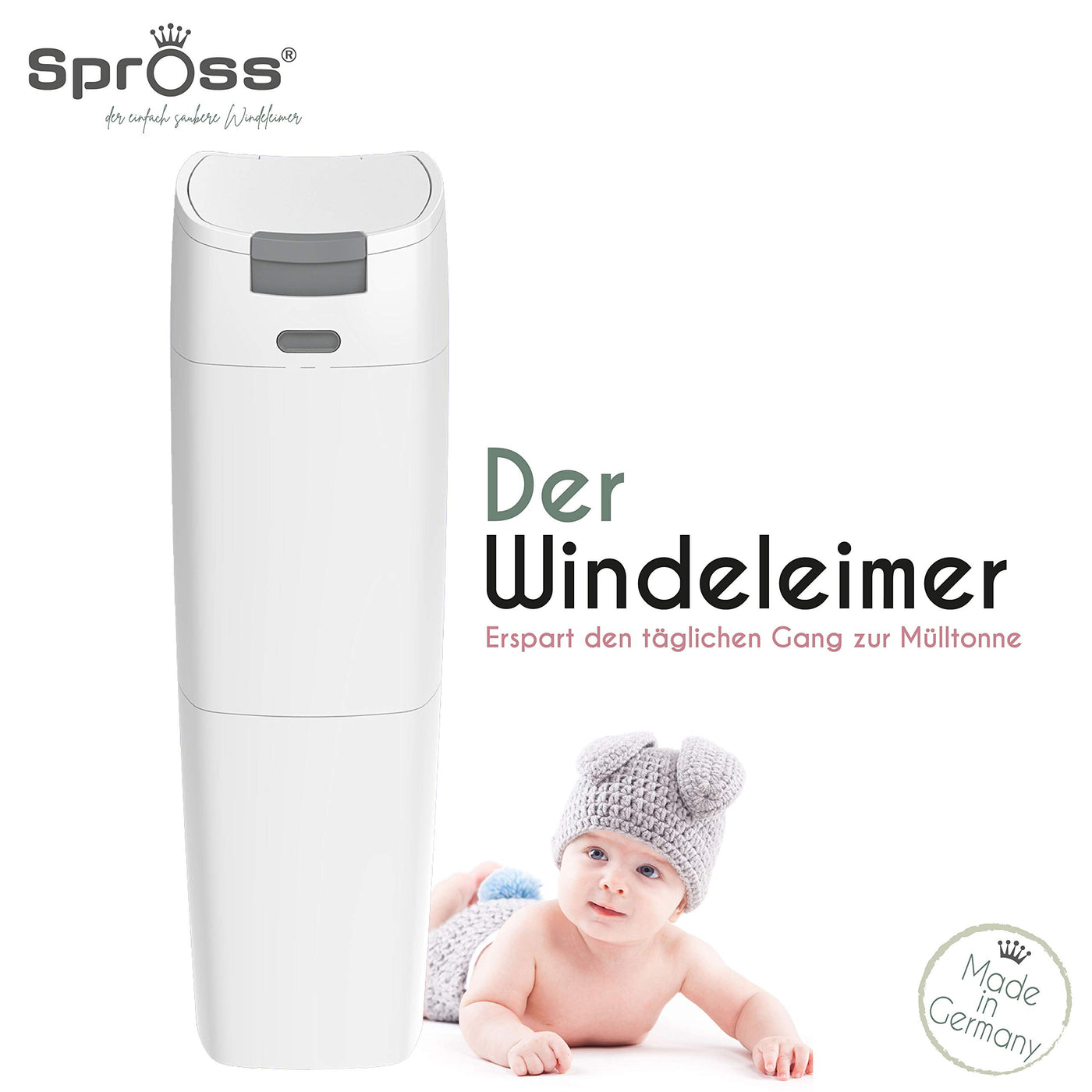 Spross Baby Windeleimer inkl. Nachfüllkassette - geruchsdichtes System mit Einhandbedienung - Mülleimer für Baby Windeln, weiß-grau