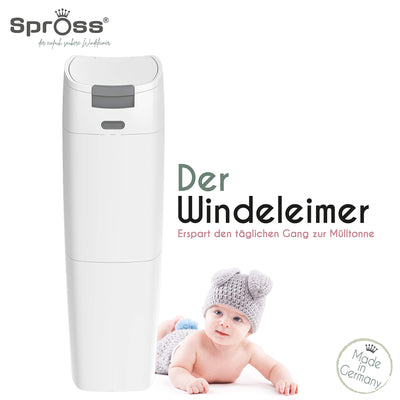 Spross Baby Windeleimer inkl. Nachfüllkassette - geruchsdichtes System mit Einhandbedienung - Mülleimer für Baby Windeln, weiß-grau