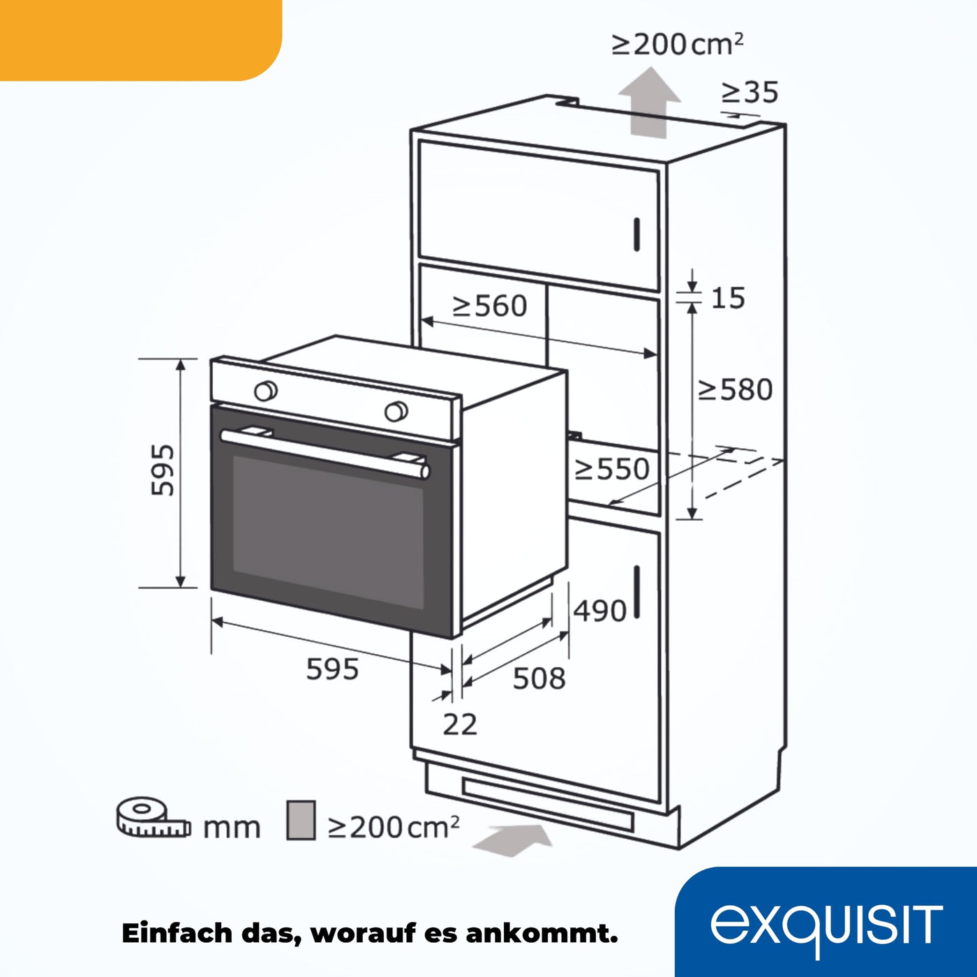 Exquisit Einbaubackofen, Backofen Einbaugerät Silber, 62 L Garraum, Einfache Bedienung, Backofen klein, EBE 555-1.1