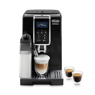 De'Longhi Dinamica ECAM 350.55.B Kaffeevollautomat mit LatteCrema Milchsystem, Cappuccino, Espresso und Kaffee auf Knopfdruck, Digitaldisplay, 2-Tassen-Funktion, Großer 1,8 Liter Wassertank, Schwarz