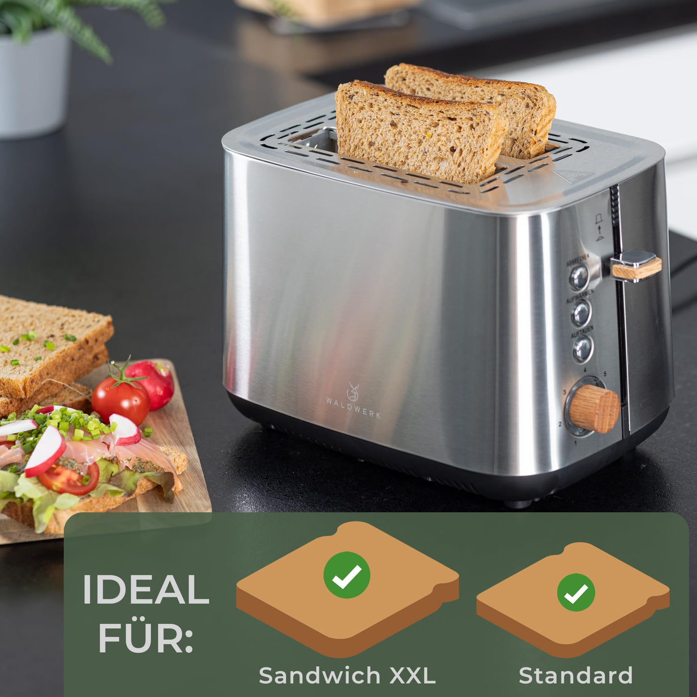 WALDWERK Design Toaster - aus 304 Edelstahl und Eichenholz - für 2 Scheiben - mit Brötchenaufsatz - mit extra breiten und tiefen Toastkammern - mit Krümelschublade