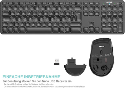 Arteck 2.4G Kabellose Tastatur und Maus kombination Ultra dünne Full Size Tastatur Tastatur und ergonomische Maus für Desktop-PC und Laptop mit Windows 11/10/8/7 Eingebauter Akku mit USB-C Ladestecker