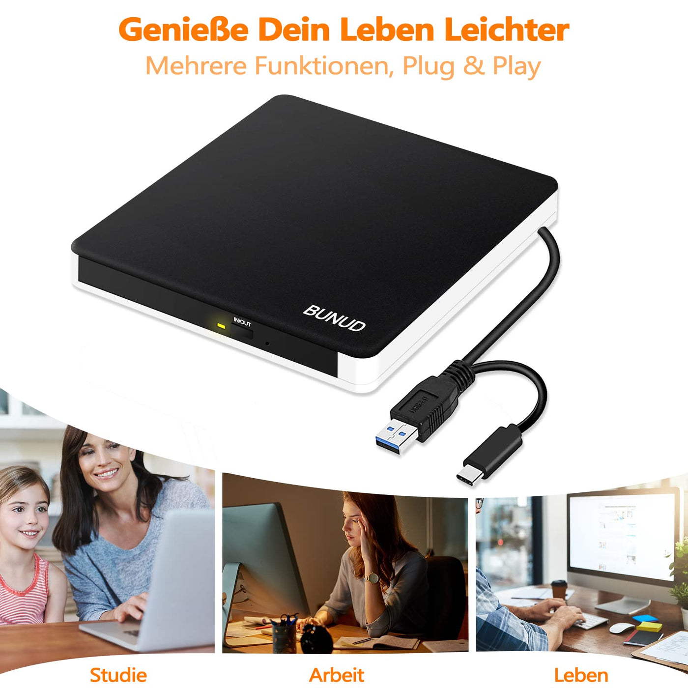 BUNUD Externes CD DVD Laufwerk USB 3.0 & Type-C DVD Laufwerk Extern mit 2 USB & SD/TF, Optical CD Laufwerk für Laptop Windows 11/10 PC Mac MacBook Pro Air