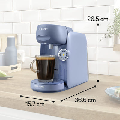 Bosch Tassimo Finesse Kapselmaschine TAS16B7 Kaffeemaschine by, 70 Getränke, intensiverer Kaffee auf Kopfdruck, Abschaltautomatik, perfekt dosiert, platzsparend, 1400 W, lupinenblau