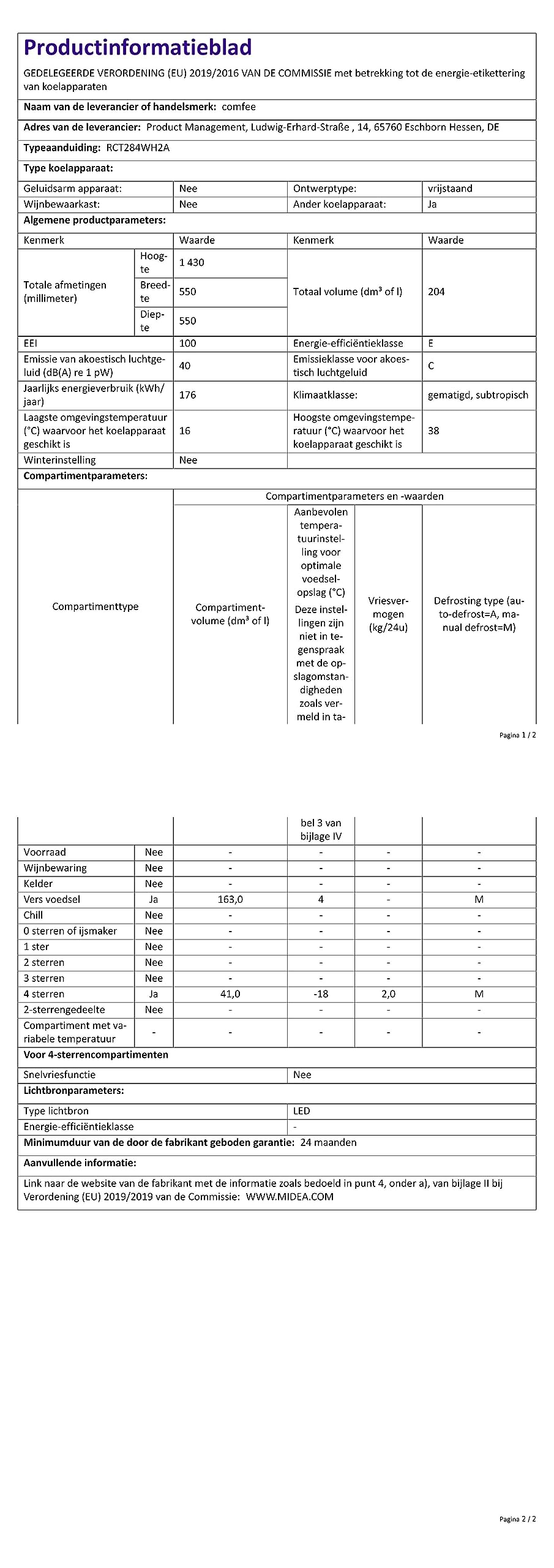 Comfee RCT284WH2A Kühl-/Gefrierkombination/Gefrierteil oben/176 kWh/Jahr/143cm Höhe/LED Licht/Reversibles Türscharnier/Weiß