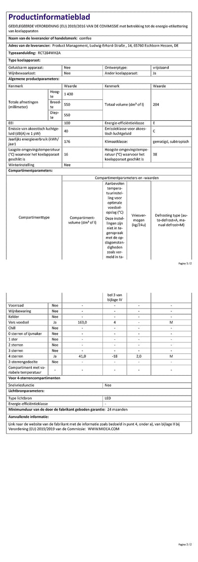 Comfee RCT284WH2A Kühl-/Gefrierkombination/Gefrierteil oben/176 kWh/Jahr/143cm Höhe/LED Licht/Reversibles Türscharnier/Weiß