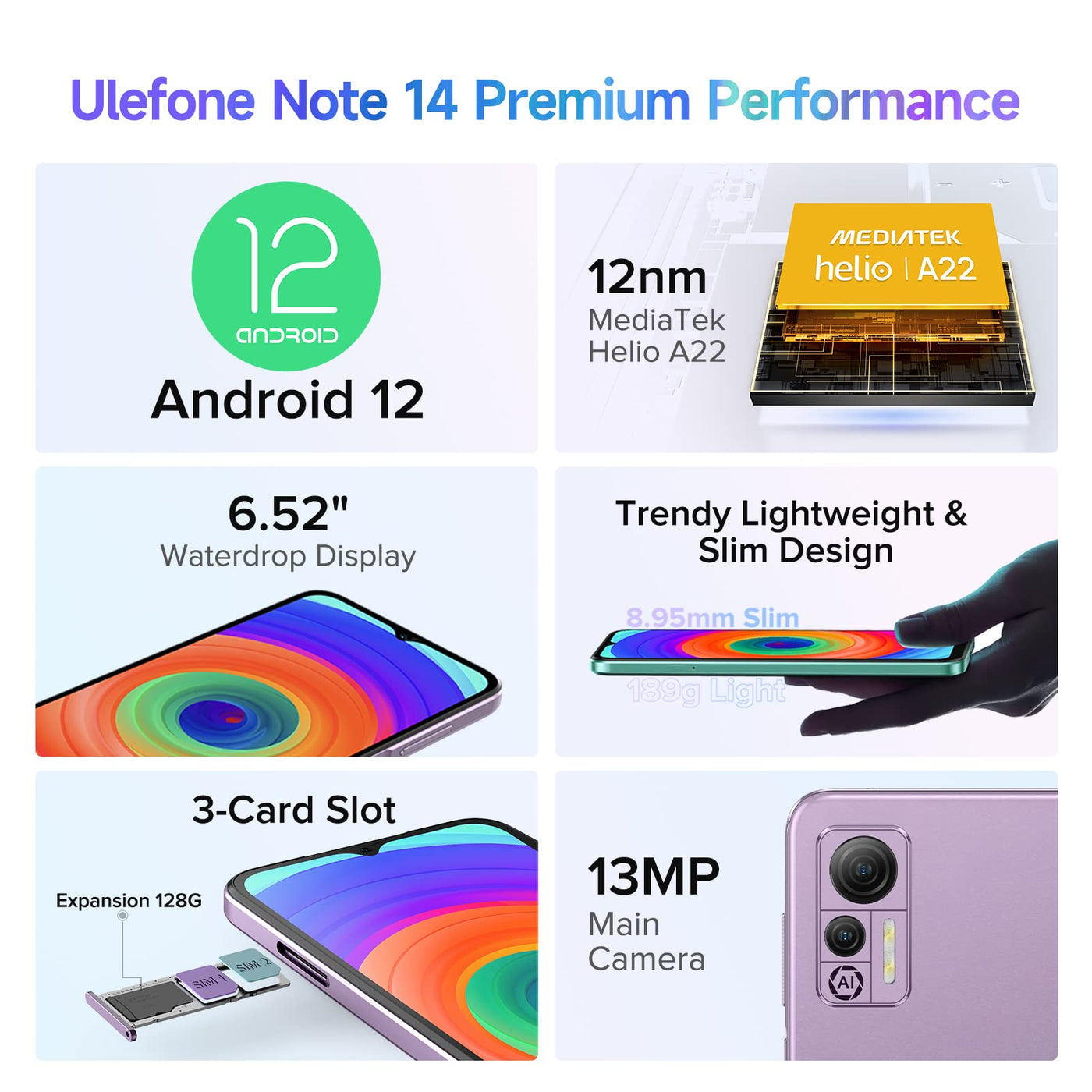 Ulefone Note 14 Handy Ohne Vertrag Günstig, Android 12 7GB+16GB/128GB erweiterbar 6,52 Zoll HD+ 4500mAh Smartphone Ohne Vertrag 8MP+5MP Kamera Dual SIM 4G Handys 3 Karte Slots Face ID GPS - Schwarz