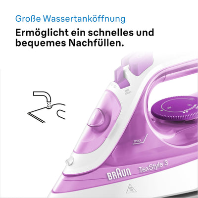 Braun TexStyle 3 SI 3030 PU Dampfbügeleisen - Bügeleisen mit FreeGlide 3D Bügelsohle, Selbstreinigungs Funktion, 2300 Watt, Dampfstoß 140g/min, 270 ml Wassertank, Violett