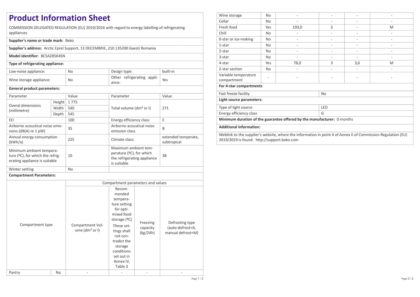 Beko BCSA285K4SN b100 integrierbare Kühl-/Gefrierkombination, 271 l Gesamtrauminhalt, Einbau-Kombination, MinFrost, Schlepptürtechnik, 35 dB, Weiß