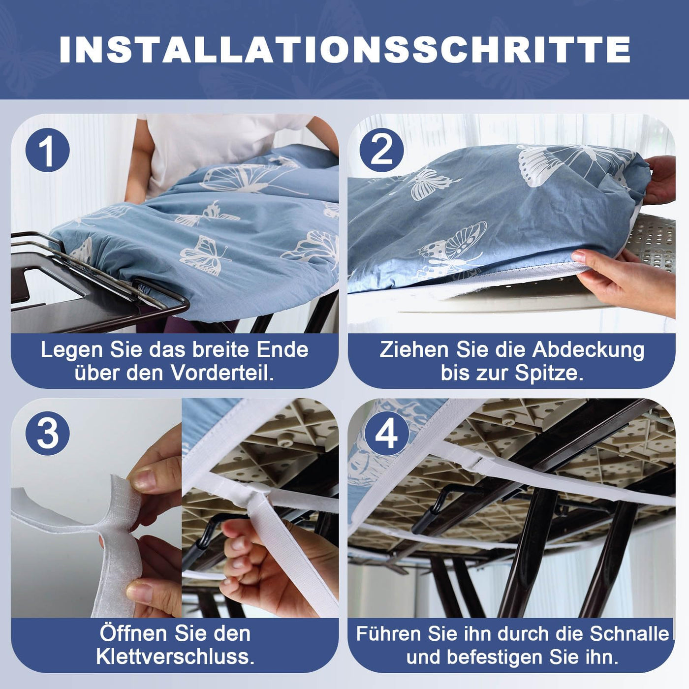 Frilodge Bügeltischbezug mit Dicker Polsterung 120x40, Rundum-Elastikband, Klettverschlüsse, passend für Bügeltische 125x45, ideal für Dampfbügelstationen Ironing Board Cover (Blue (Butterfly)