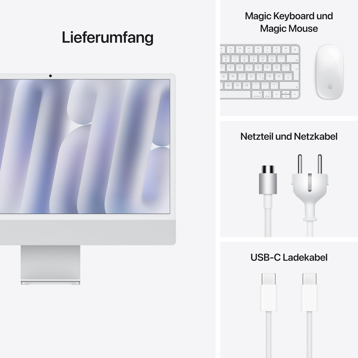 Apple iMac All-in-One Desktop-Computer mit M4 Chip mit 8 Core CPU und 8 Core GPU: 24" Retina Display, 16 GB gemeinsamer Arbeitsspeicher, 256 GB SSD Speicher, passendes Zubehör; Silber