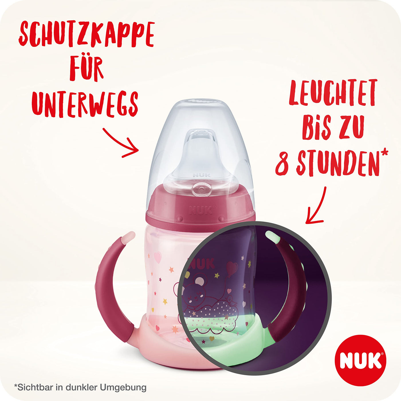 NUK First Choice Trinklernbecher Night | 150ml | Leuchtet zum einfachen Finden im Dunkeln | Mit Haltegriffen & weichem Trinkschnabel | Auslaufsicher | 6−18 M | Anti-Colic | BPA-frei | Koala (türkis)