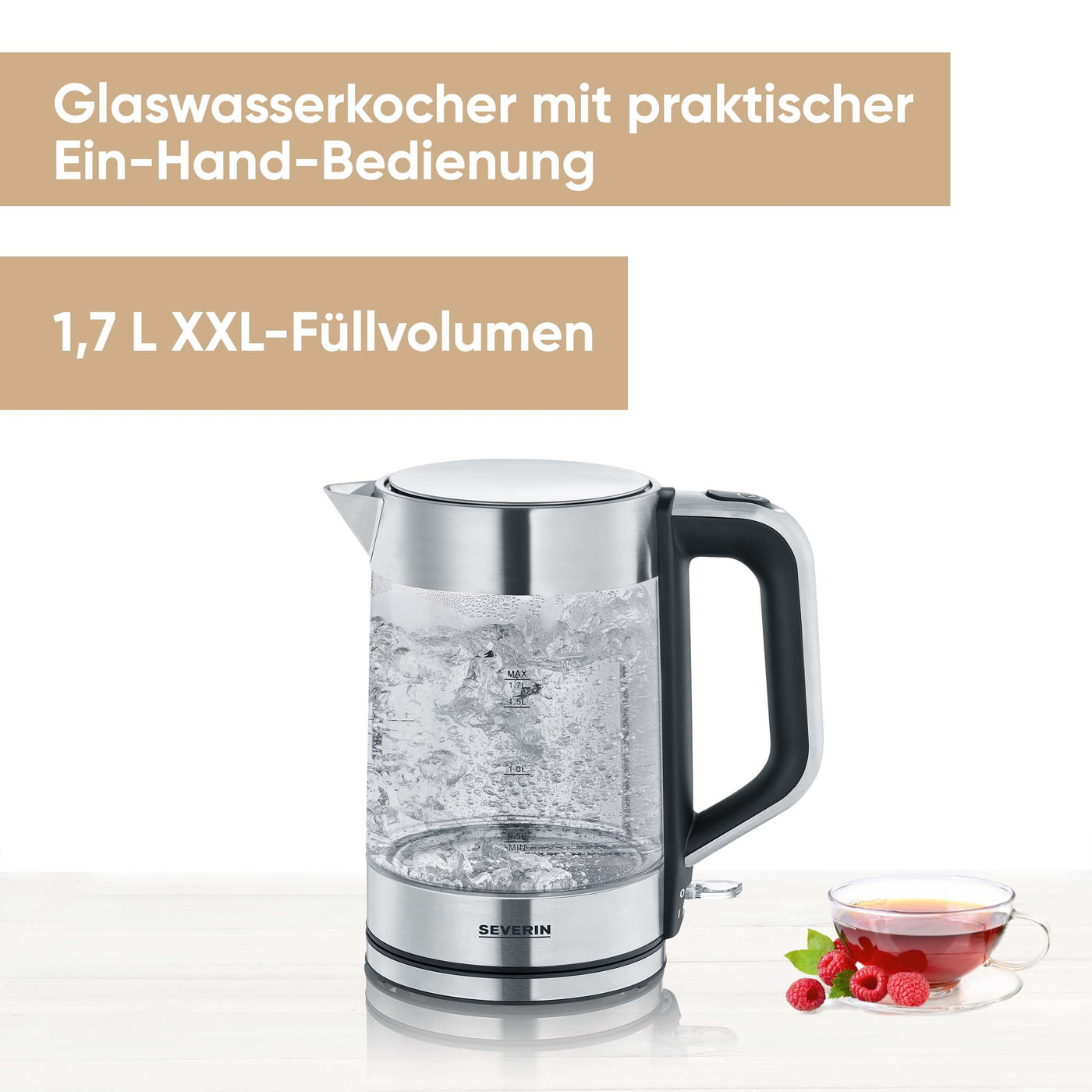 SEVERIN Glas-Wasserkocher mit 1.7L XXL-Füllvolumen, leistungsstarker und kompakter Wasserkocher in hochwertigem Deisgn, elektischer Wasserkocher mit Kalkfilter, 2200 Watt, Glas-Edelstahl, WK 3420