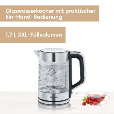 SEVERIN Glas-Wasserkocher mit 1.7L XXL-Füllvolumen, leistungsstarker und kompakter Wasserkocher in hochwertigem Deisgn, elektischer Wasserkocher mit Kalkfilter, 2200 Watt, Glas-Edelstahl, WK 3420