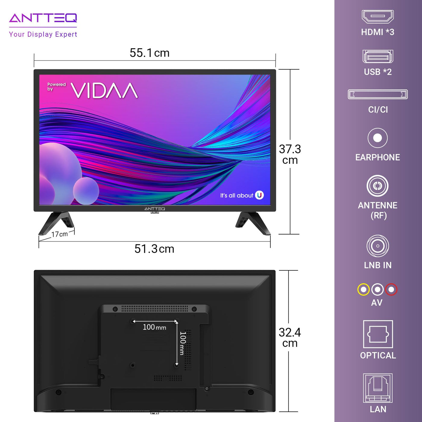 Antteq AV24H3 Fernseher 24 Zoll (60 cm) Smart TV mit Netflix, Prime Video, Rakuten TV, DAZN, YouTube, UVM, WiFi, Triple-Tuner DVB-T2 / S2 / C