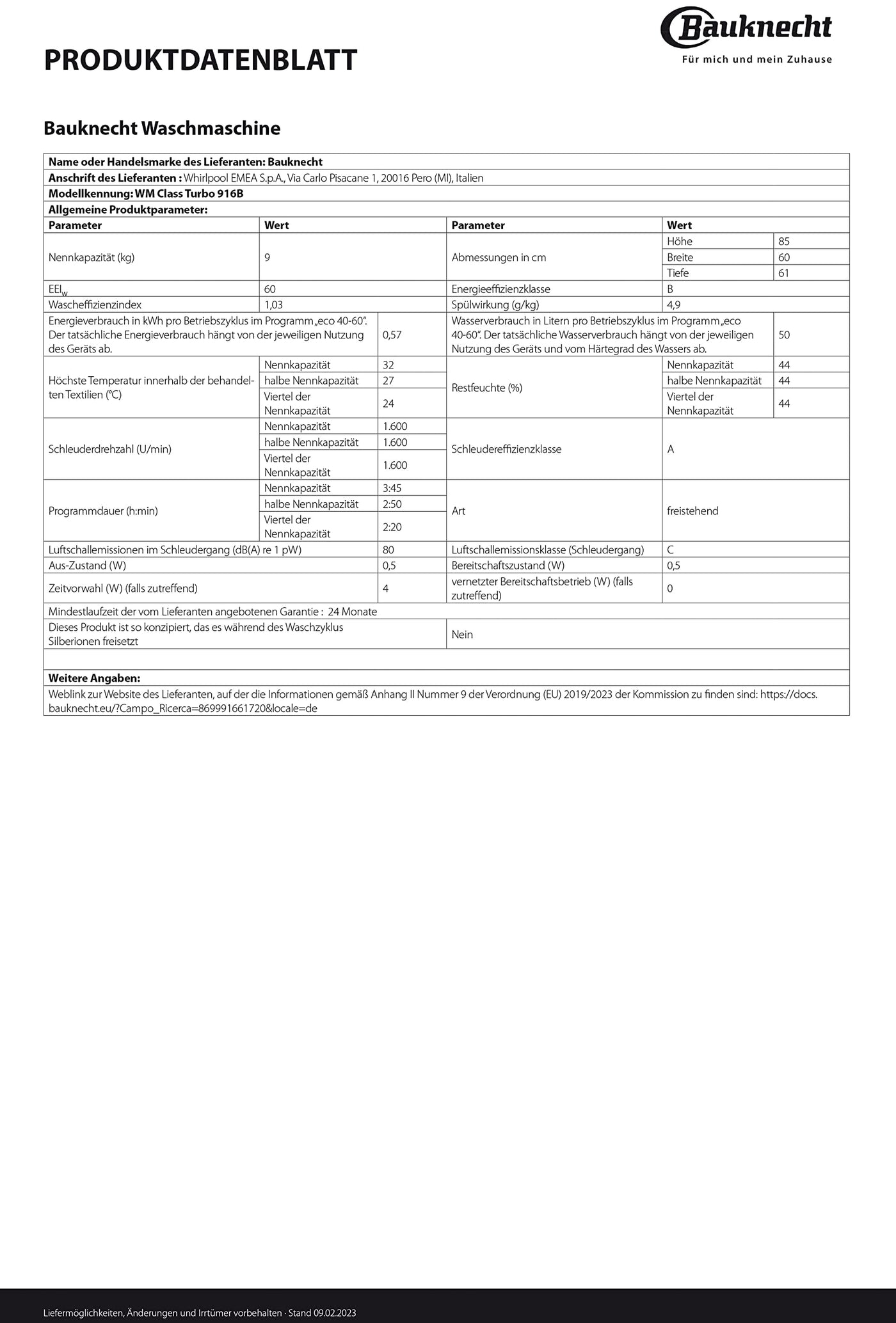 Bauknecht WM Class Turbo 916B Waschmaschine Frontlader/9kg/ EEK B/kraftvolle Fleckentfernung/Kurz 45/Clean Plus/Kurz 30/Anti-Allergie Plus/Mengenautomatik/Option Extra Touch