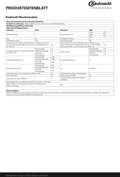 Bauknecht WM Class Turbo 916B Waschmaschine Frontlader/9kg/ EEK B/kraftvolle Fleckentfernung/Kurz 45/Clean Plus/Kurz 30/Anti-Allergie Plus/Mengenautomatik/Option Extra Touch