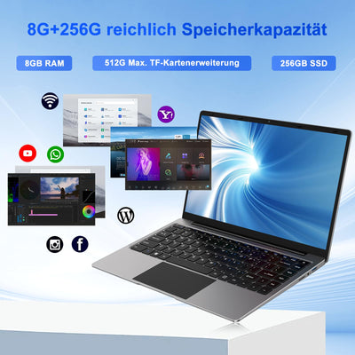 bvate Laptop 14 Zoll Win11 8GB+256GB SSD Unterstützung 1TB Notebook Celeron N4020 (bis 2.8GHz) 1920x1080p WiFi BT4.2 Deutscher Tastaturschutz und kabellose Maus-Gray