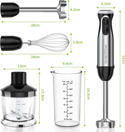 Bonsenkitchen Pürierstab, 4-en-1 Stabmixer Elektrischer, 1000W Stufenlos Geschwindigkeiten, Edelstahl, Schneebesen, 500ml Häcksler und 700ml Messbecher für Babynahrung, HB3203 (Schwarz)