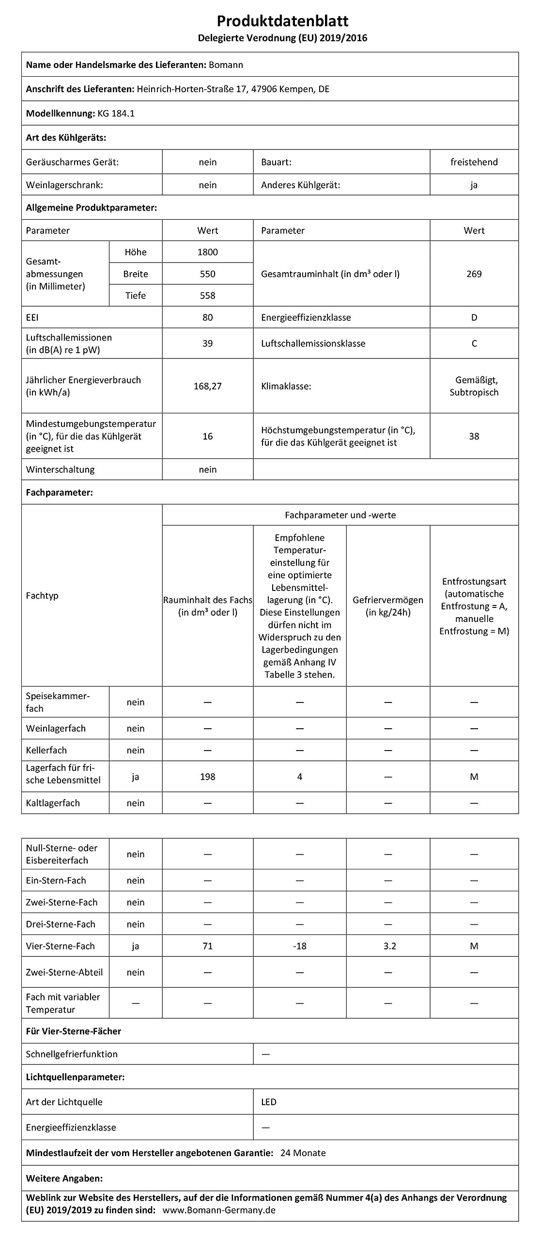 Bomann® Kühlgefrierkombination, 269 L Nutzinhalt - Kühlen: 198 L | Gefrieren: 71 L, Energiesparend, leise 39 dB, LED, wechselbarer Türanschlag, Höhe:180 x Breite: 55 x Tiefe: 55.8 cm - KG 184.1 weiß