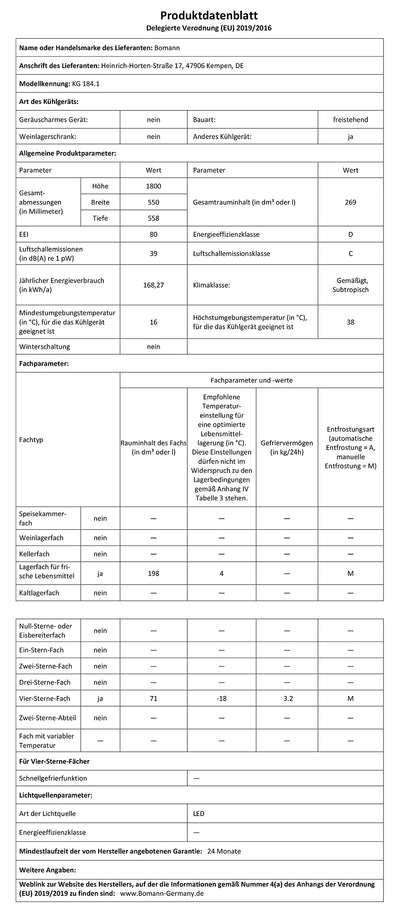 Bomann® Kühlgefrierkombination, 269 L Nutzinhalt - Kühlen: 198 L | Gefrieren: 71 L, Energiesparend, leise 39 dB, LED, wechselbarer Türanschlag, Höhe:180 x Breite: 55 x Tiefe: 55.8 cm - KG 184.1 weiß