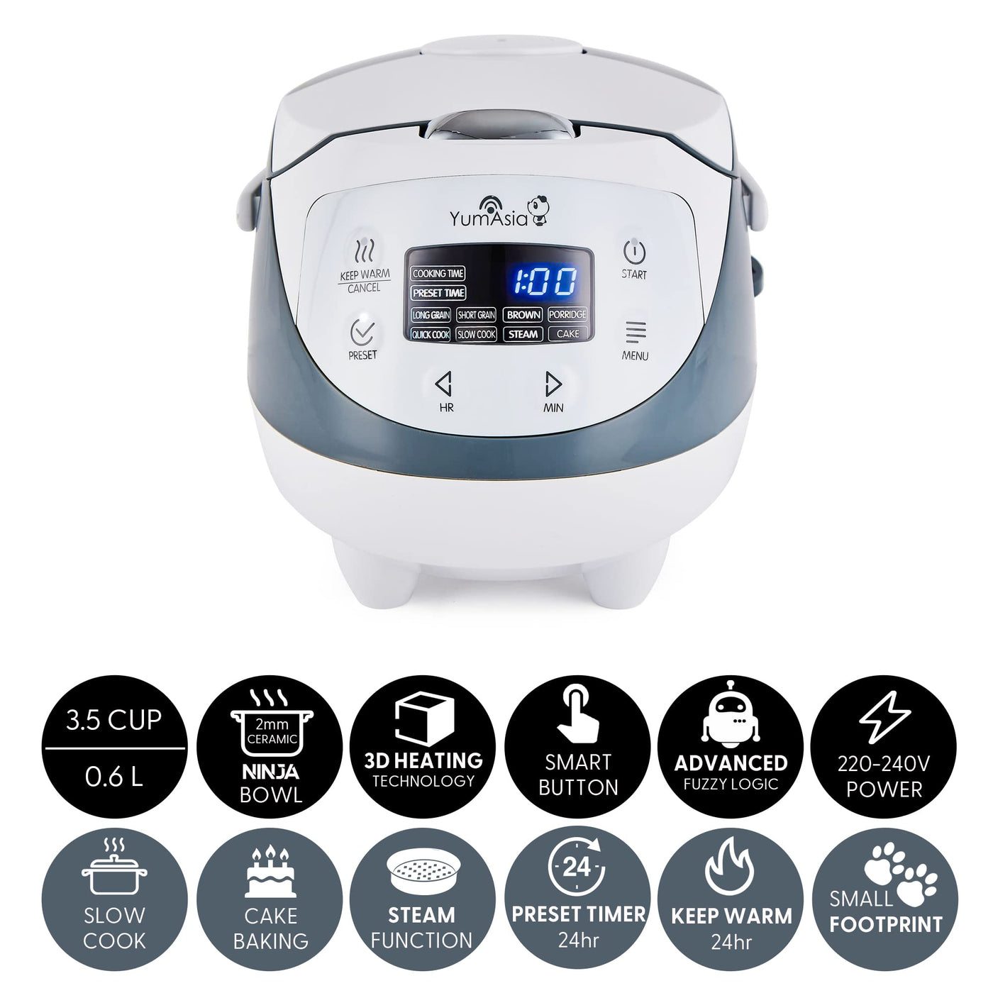 Yum Asia Panda Mini-Reiskocher mit Ninja-Keramikschüssel und Advanced Fuzzy Logic (3,5 Tassen, 0,63 Liter) 4 Reisfunktionen, 4 Multicooker-Funktion, 220–240V