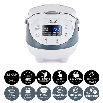 Yum Asia Panda Mini-Reiskocher mit Ninja-Keramikschüssel und Advanced Fuzzy Logic (3,5 Tassen, 0,63 Liter) 4 Reisfunktionen, 4 Multicooker-Funktion, 220–240V