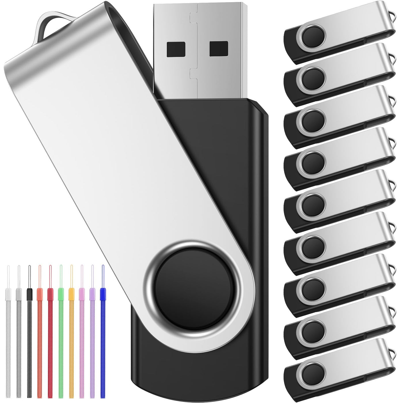 2GB USB Stick 10 Stück Speichersticks - Einklappbarer USB 2.0 Memory Sticks 2 GB USB Flash Laufwerk Datenspeicher - FEBNISCTE Pendrive Schwarz Flash Drive für Freunde mit 10er Pack Bunt Bändchen