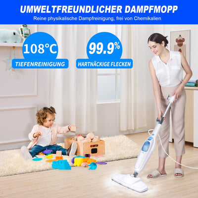 Dampfreiniger 1500W Dampfbesen Bodendampfreiniger Hand-dampfreiniger bis 108°C Elektrischer Bodenwischer mit Wassertank, Bodentuch, Entfernt bis zu 99,9% der Bakterien für Tiefenreinigung Böden