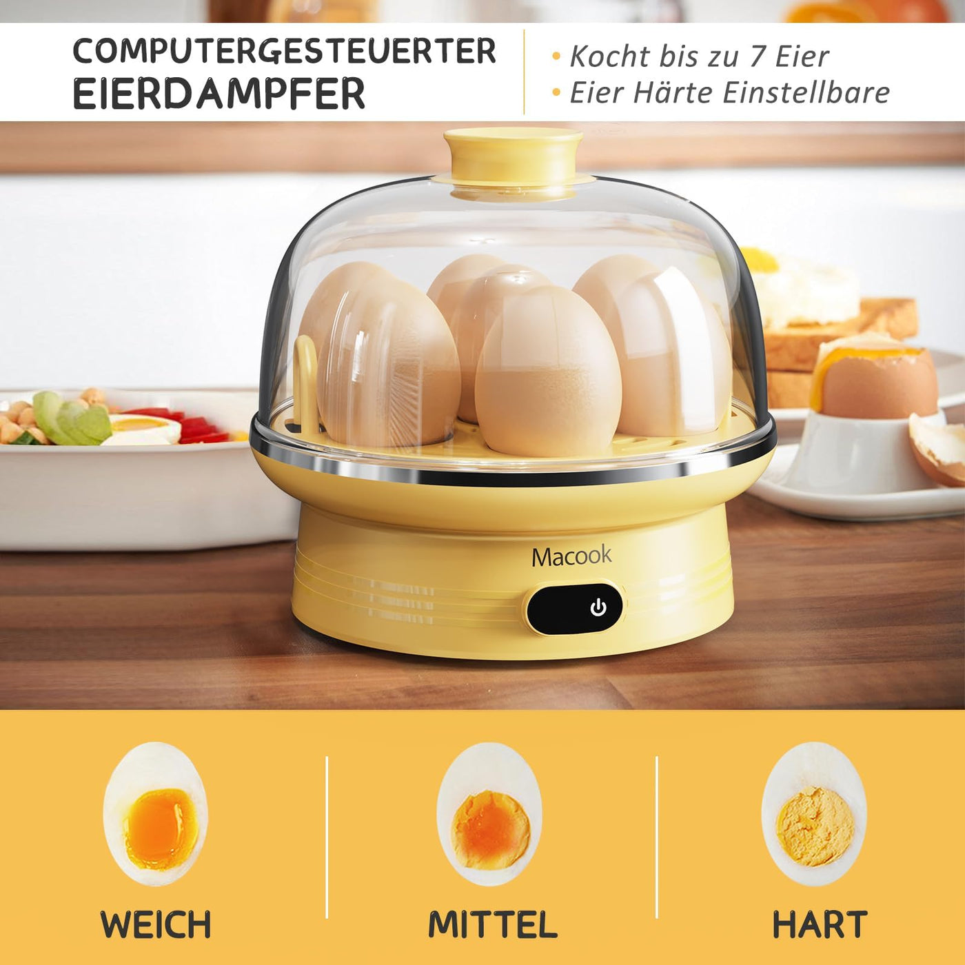 Macook Eierkocher für 1-7 Eier, Eierkocher Testsieger, Egg Cooker Computergesteuerte Kontrolle, Egg Boiler mit LED Touchscreen, BPA-frei, 350W, Gelb