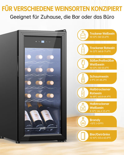 WIE Weinkühlschrank Compressor 53 Liter 18 Flaschen Getränkekühlschrank Kleiner Weinschrank Klein Wein-Kühlschrank mit Glastür,Vollglas-Designtür mit LED Touchpanel,Anti-UV, Wine Fridge 5-18°C