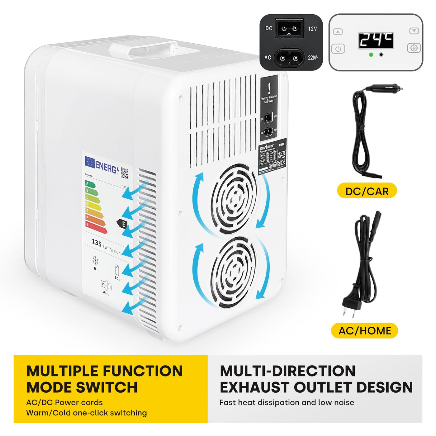 Enventor Mini Kühlschrank 10 Liter, 220V AC + 12V DC, Kühler und Wärmer, Portable Mini-Kühlschrank mit LCD-Temperaturanzeige für Auto, Reisen, Hautpflege, Getränke, Lebensmittel (Weiß)