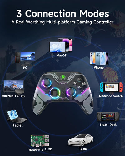 EasySMX X15 Controller PC, PC Controller Wireless mit 7 RGB Licht, Gaming Controller PC mit Hall Joystick&Trigger, Bluetooth Controller Kompatibel mit PC/Switch/Handy/Tablet-Schwarz