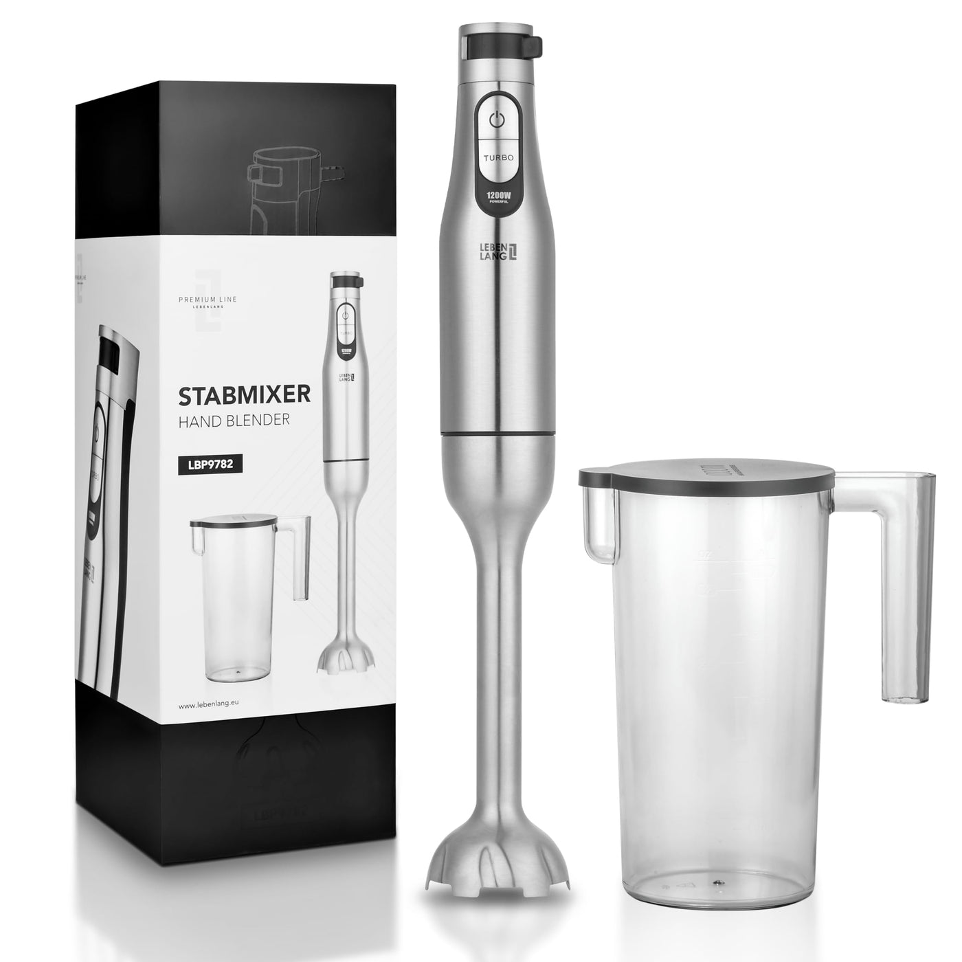 LEBENLANG Premium 1200W Stabmixer Edelstahl - Single & Set Version I Stufenlos verstellbar & Turbo I Elektrische Hand Blender Pürierstab Edelstahl Zauberstab (Stabmixer + Messbecher - 1200W)