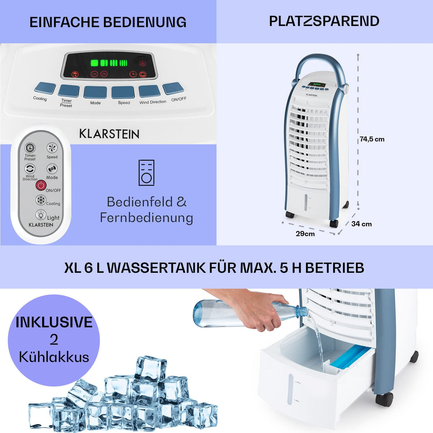 Klarstein Luftkühler mit Wasserkühlung, 4-in-1 Verdunstungskühler, Luftbefeuchter, Ventilator & Nachtmodus, Mobile Klimageräte Luftkühler mit 6L Tank, 65 Watt Air Cooler, 444 m³/h Luftstrom