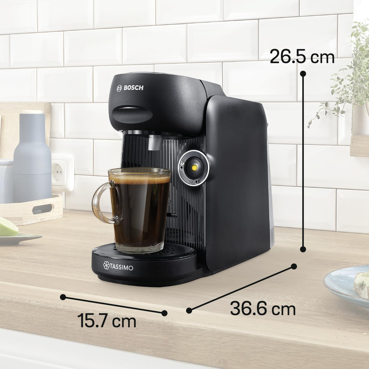 Bosch Tassimo finesse friendly Kapselmaschine TAS162E, 70 Getränke, intensiverer Kaffee auf Kopfdruck, Abschaltautomatik, nachhaltig, perfekt dosiert, 1400 W, schwarz/schwarz