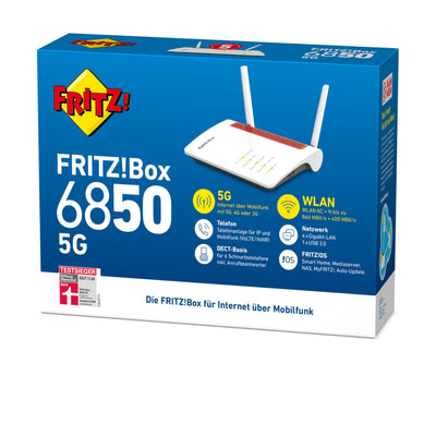 AVM FRITZ!Box 6850 5G (Mobilfunk-Internet bis zu 1.300 MBit/s, WLAN AC+N bis 866 MBit/s (5 GHz) & 400 MBit/s (2,4 GHz), 4 x Gigabit-LAN, DECT-Basis, USB 3.0, geeignet für Deutschland)