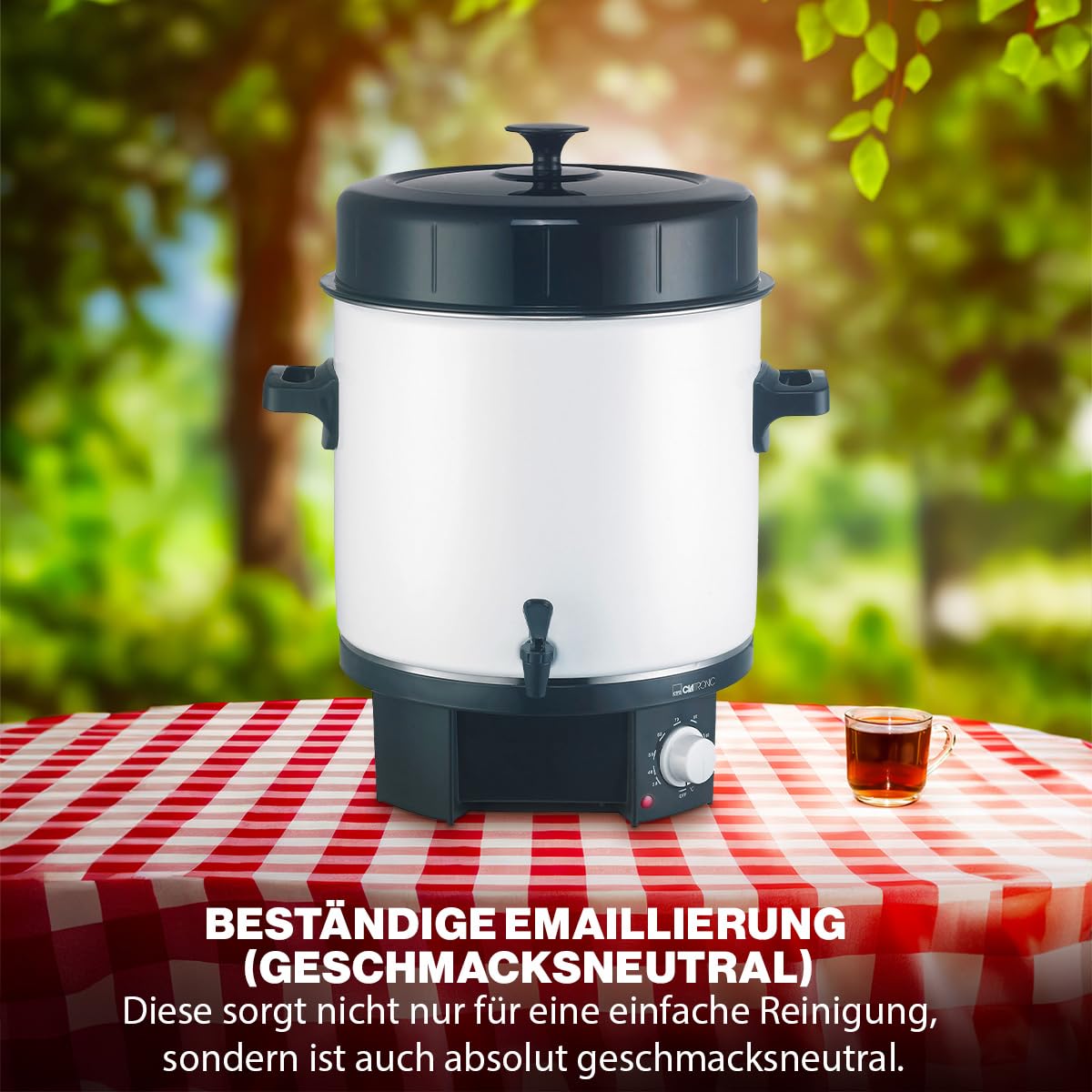 Clatronic® 2in1 Heißgetränke- & Einkochautomat mit 25L Tankinhalt | Einkochtopf für z.B. Glühwein oder Punsch | Glühweinkocher mit Emaillierung & integriertem Ablaufzapfhahn | 1800W | EKA 3338