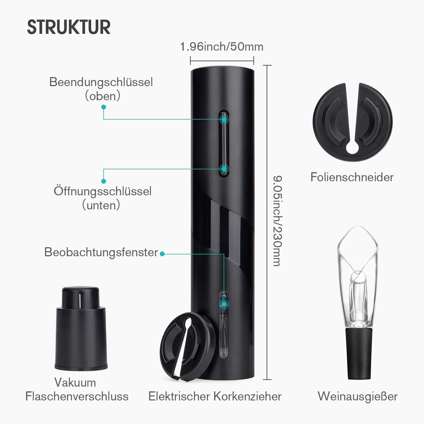 Elektrisches Weinflaschenöffner-Kit, Elektrischer Korkenzieher, Automatisch Flaschenöffner Schnurlos Weinöffner, Weinflaschenöffner Set enthält Folienschneider, Weinausgießer und Vakuum Weinverschluss