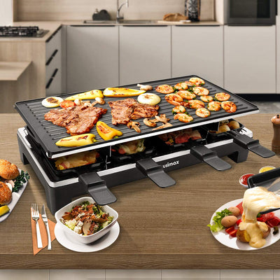 Cusimax Raclette Grill mit Reversible Grillpfanne, Steuerung Partygrill für 8 Personen,Stufenlos Regulierbare Temperatur, 8 Mini Pfännchen, Antihaftbeschichtung, CMRC-300, 1500W, Schwar