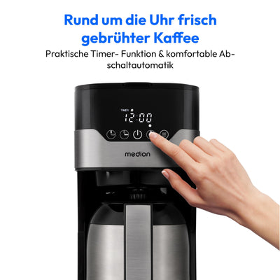 MEDION Kaffeemaschine mit Thermoskanne und Timer (Filtermaschine, 8 Tassen, 1,2 Liter, 900 Watt, 3 Stufen, Warmhaltefunktion, Timer Zeitschaltuhr, Antitropf, Display, MD18458) edelstahl