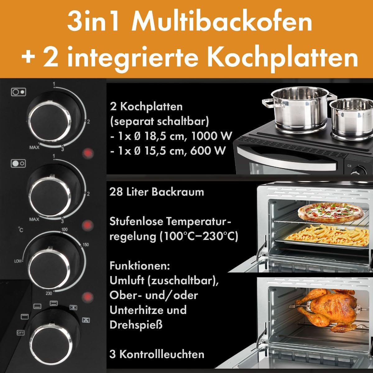 Clatronic® Mini-Backofen mit Kochplatten und Drehspieß | gleichzeitig kochen u. backen | Minibackofen 28L Umluft Ober-/Unterhitze 100°-230°C | Elektrischer Mini Ofen 3100 Watt inkl. Zubehör | KK 3786