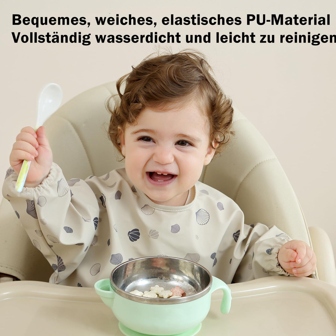 PewinGo Lätzchen zum Abstillen mit Langen Ärmeln & BLW, Weiches und Hautfreundliches Material, Lätzchen zum Stillen, Wasserdicht und Leicht zu Reinigen & Maschinenwaschbar, für Baby(Beige)