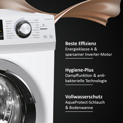 Haier SERIE 636 HW90-BP14636N I Frontlader Waschmaschine 9kg I Washing Machine mit A-Effizienz, 1.400 U/Min. & sparsamem Inverter-Motor I Inkl. Vollwasserschutz, Dampffunktion & Mengenautomatik