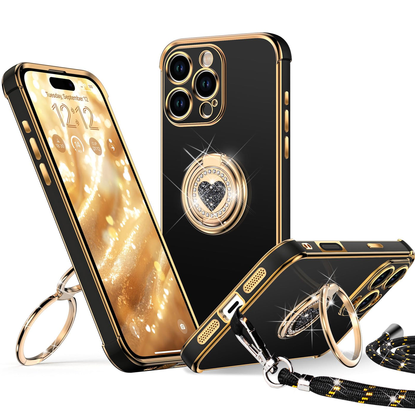 XYZ für iPhone 16 Pro Max Hülle mit Band, Herz Doppelring Ständer HandyHülle Handykette Frauen Mädchen Dünn Stoßfeste Anti-Kratzt SchutzHülle für iPhone 16 Pro Max Case, Schwarz