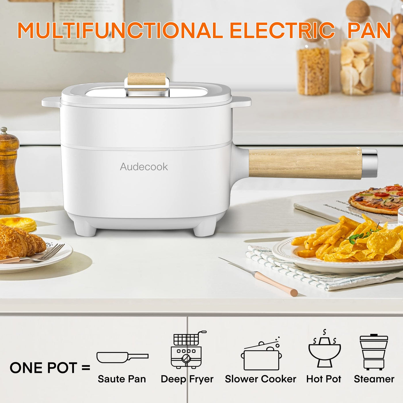 Audecook Elektrischer Hot Pot mit Dampfgarer, 2L/20cm Antihaft Elektropfanne mit Keramikglasur, Tragbarer Multikocher für Ramen, Steak, Ei, Haferflocken, Suppe, 350W/800W (E(WEISS,MIT DAMPFGARER))